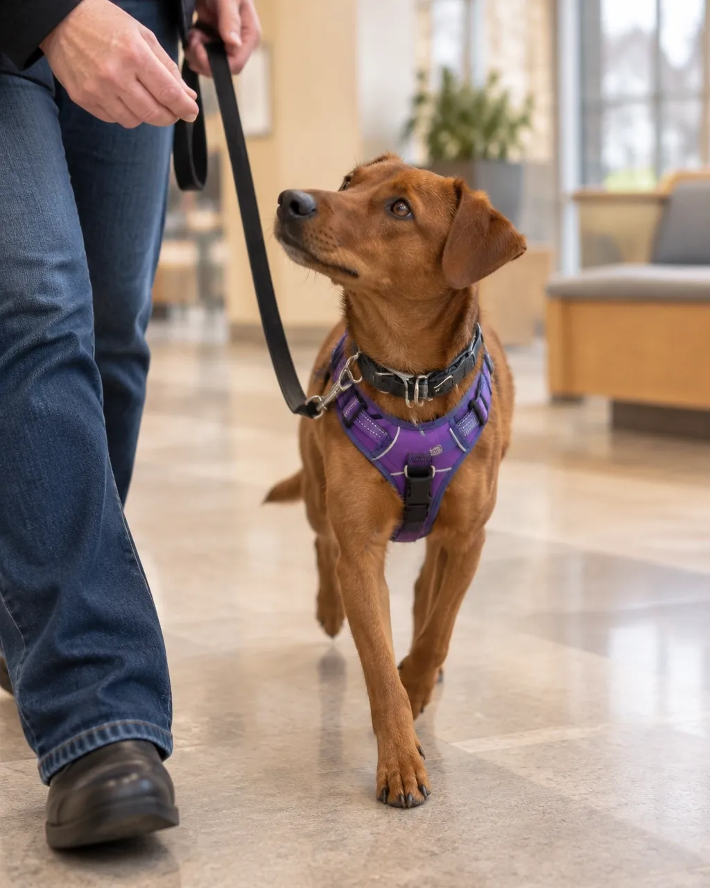 Handler with a mixed-breed dog practising focus work during training