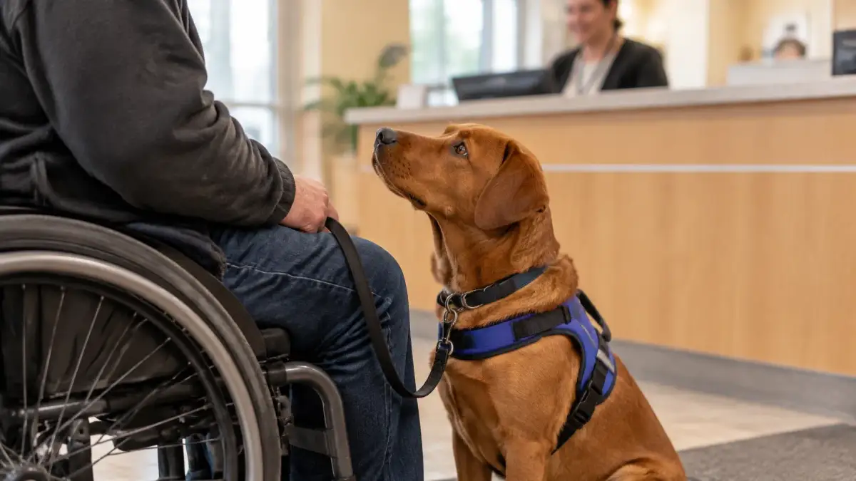 Handler and service dog waiting calmly at a service counter in a public building