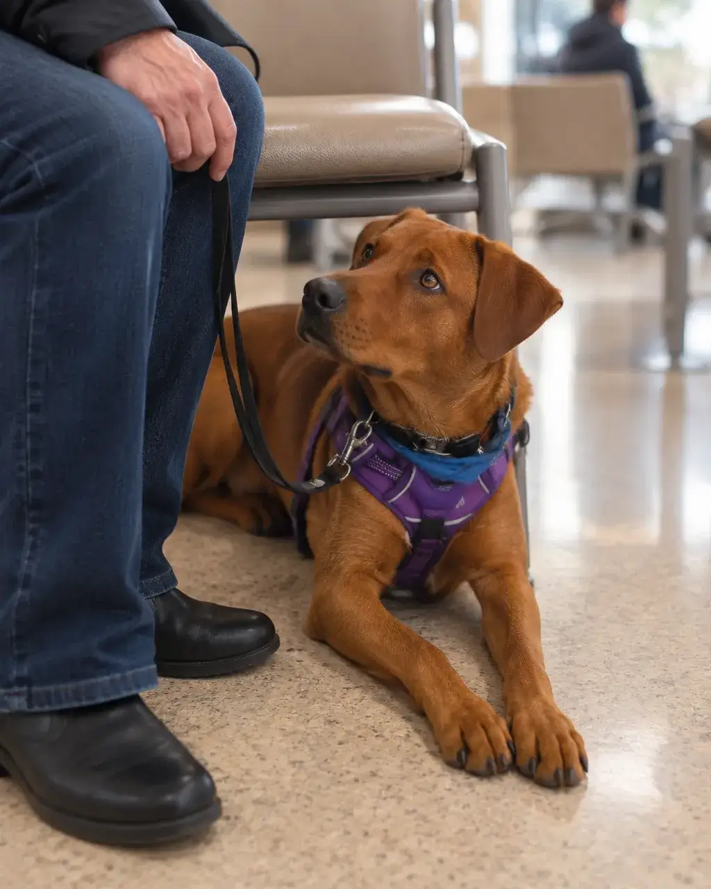 Service dog settled calmly under a chair beside its handler