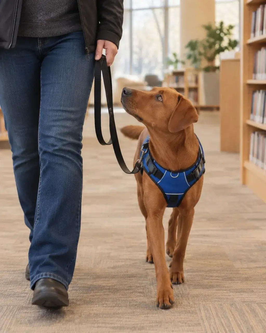 Service dog wearing a fitted harness beside its handler in public