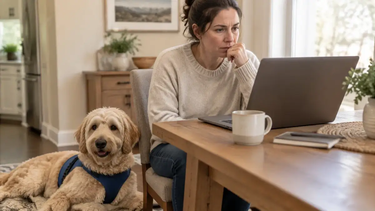 Handler reviewing a suspicious online service dog registration website with a calm dog nearby
