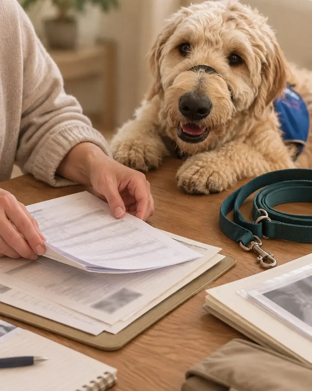 Service dog handler organizing training records and assessment notes beside a calm dog