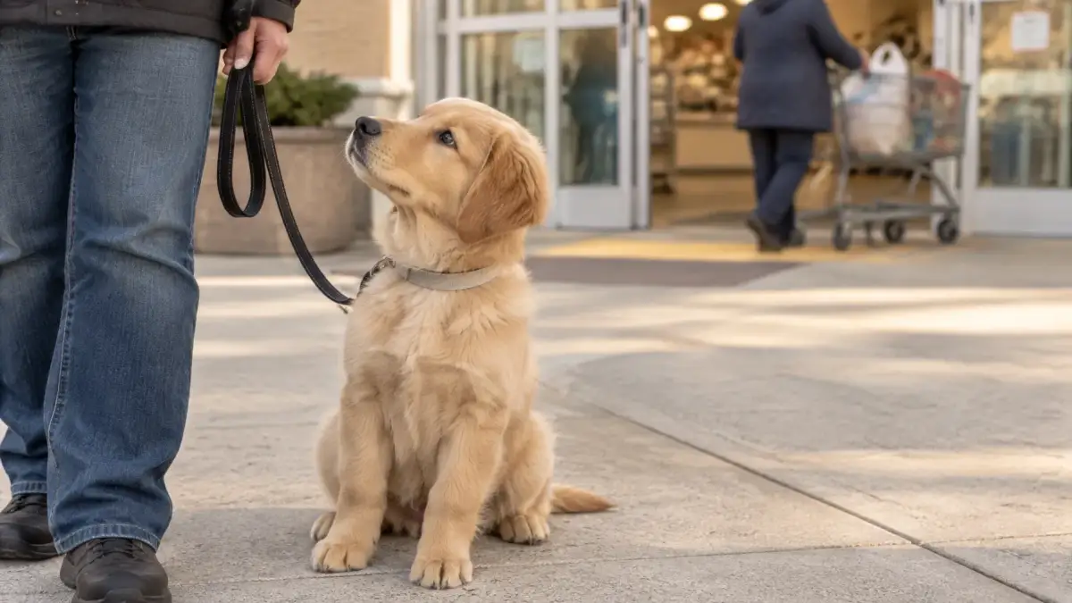 Young puppy calmly observing a busy environment from a comfortable distance with its handler
