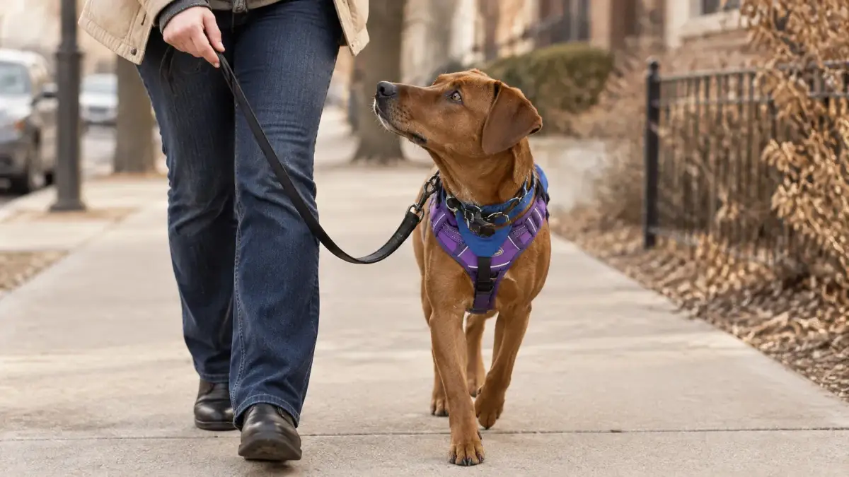 Service dog team practising public access skills during training