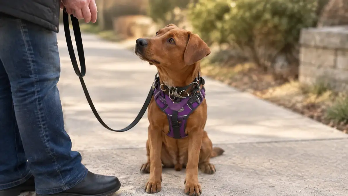 Handler and service dog practising together in an outdoor training session