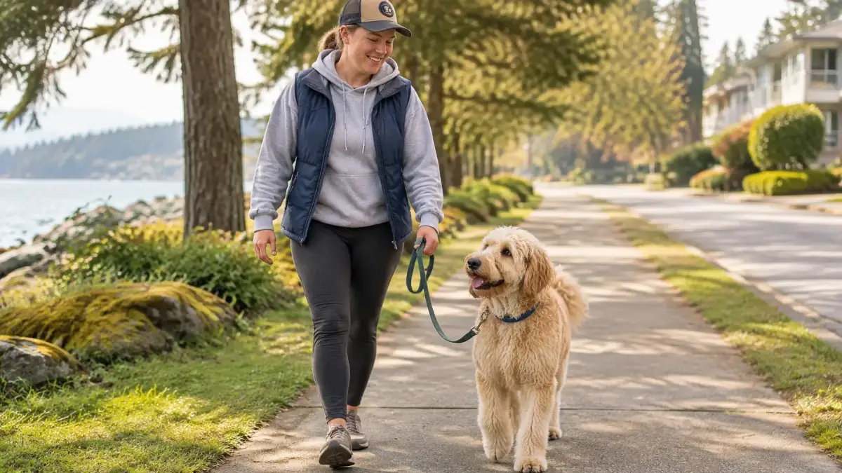 Calm handler practising on-leash public access work with a service dog prospect in a Victoria or West Shore setting