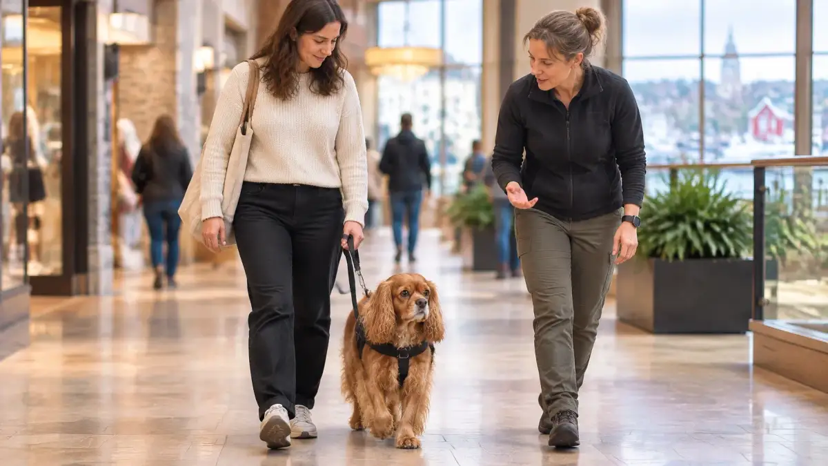 A calm service dog team practising public-access skills in a Halifax-area public setting with a trainer providing quiet guidance