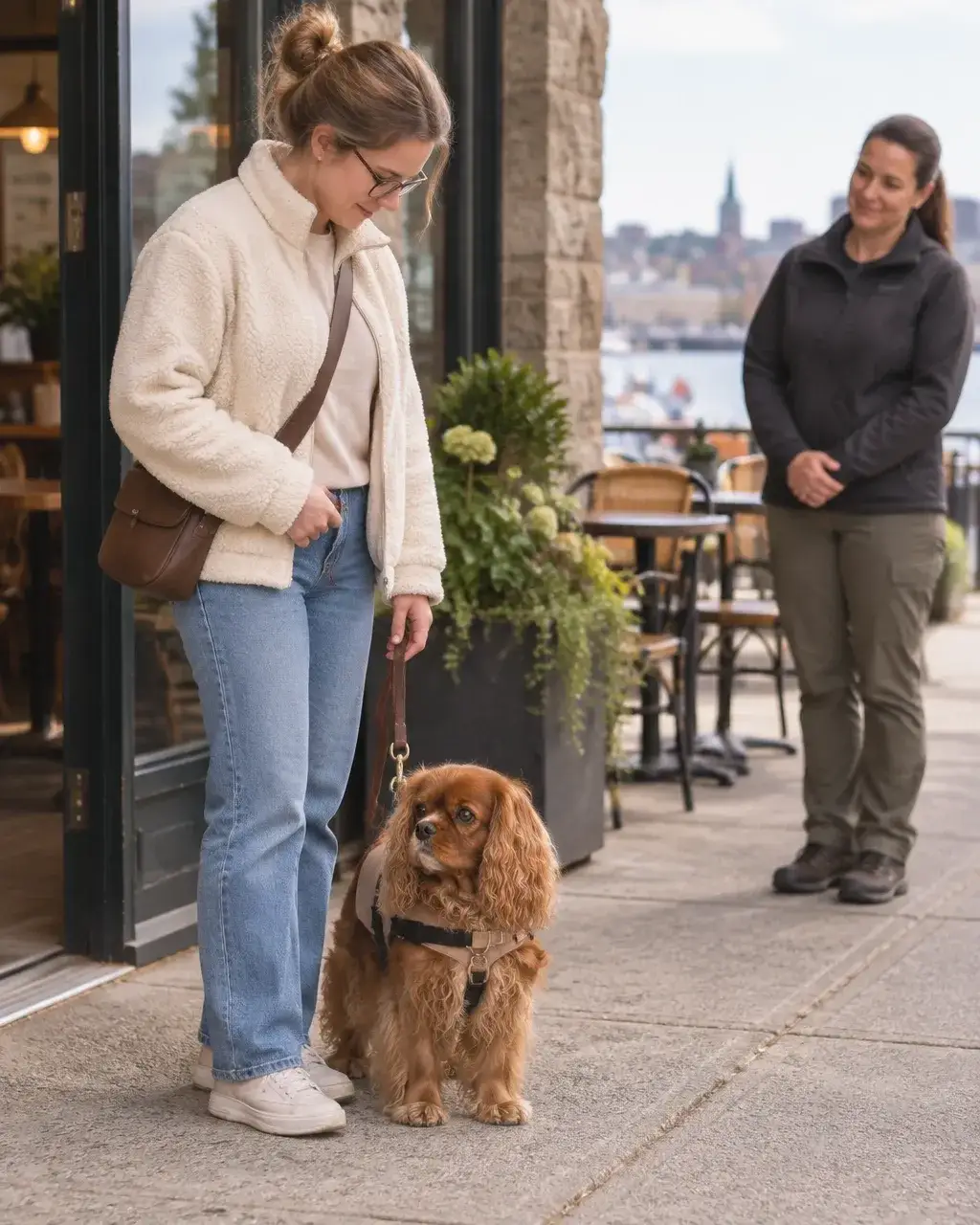 An owner-trainer practising calm public-access behaviour with a service dog near a Halifax-area café entrance