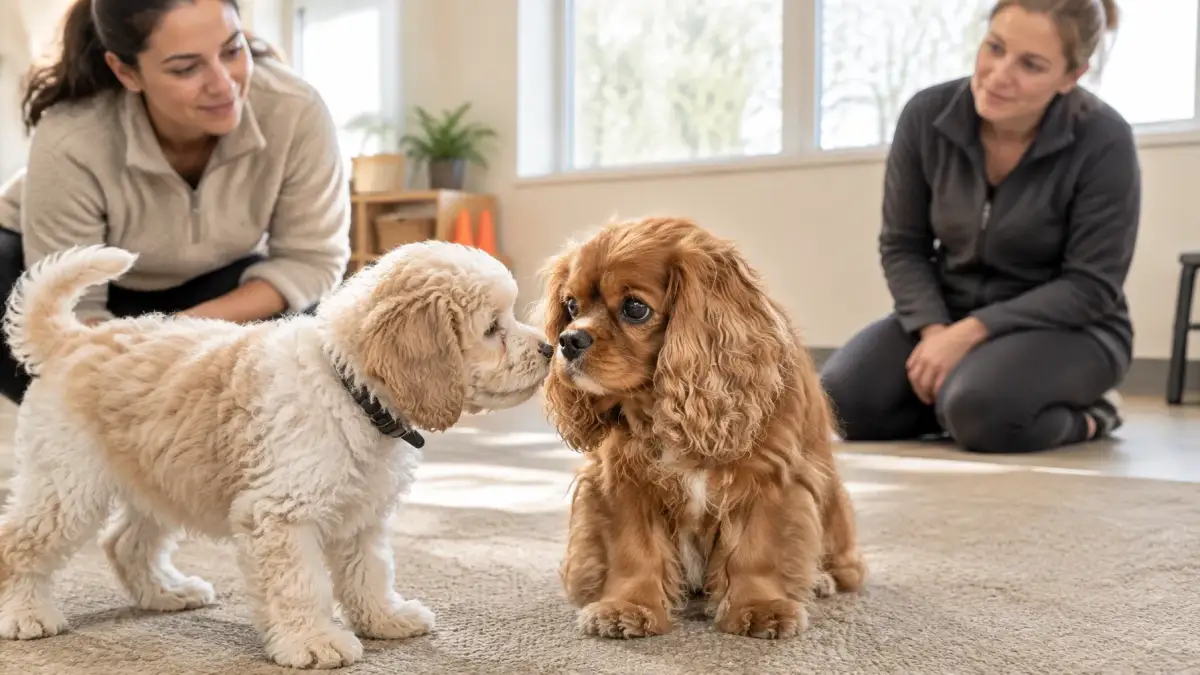 Two puppies calmly interacting during a supervised puppy socialization class