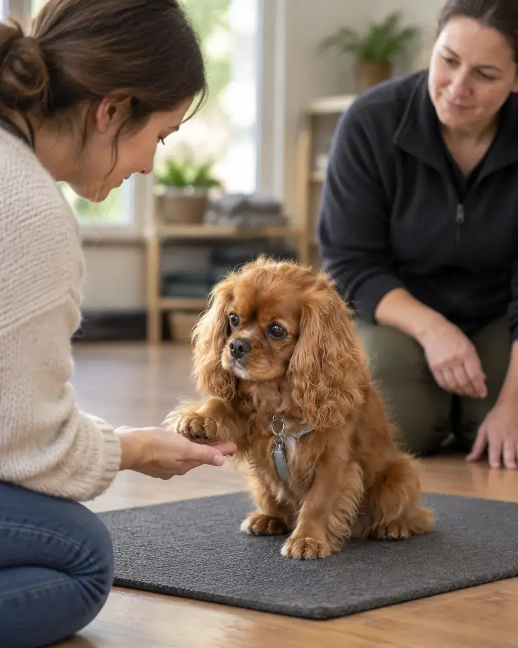 Puppy owner practising calm engagement with guidance from a trainer