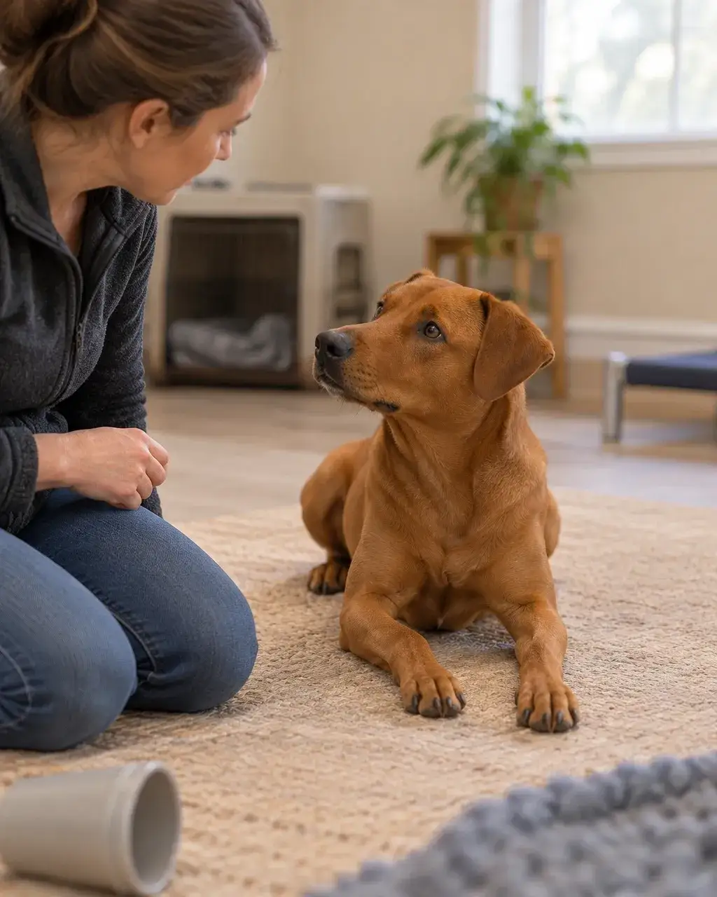 Trainer assessing a calm dog's temperament during a potential service dog assessment