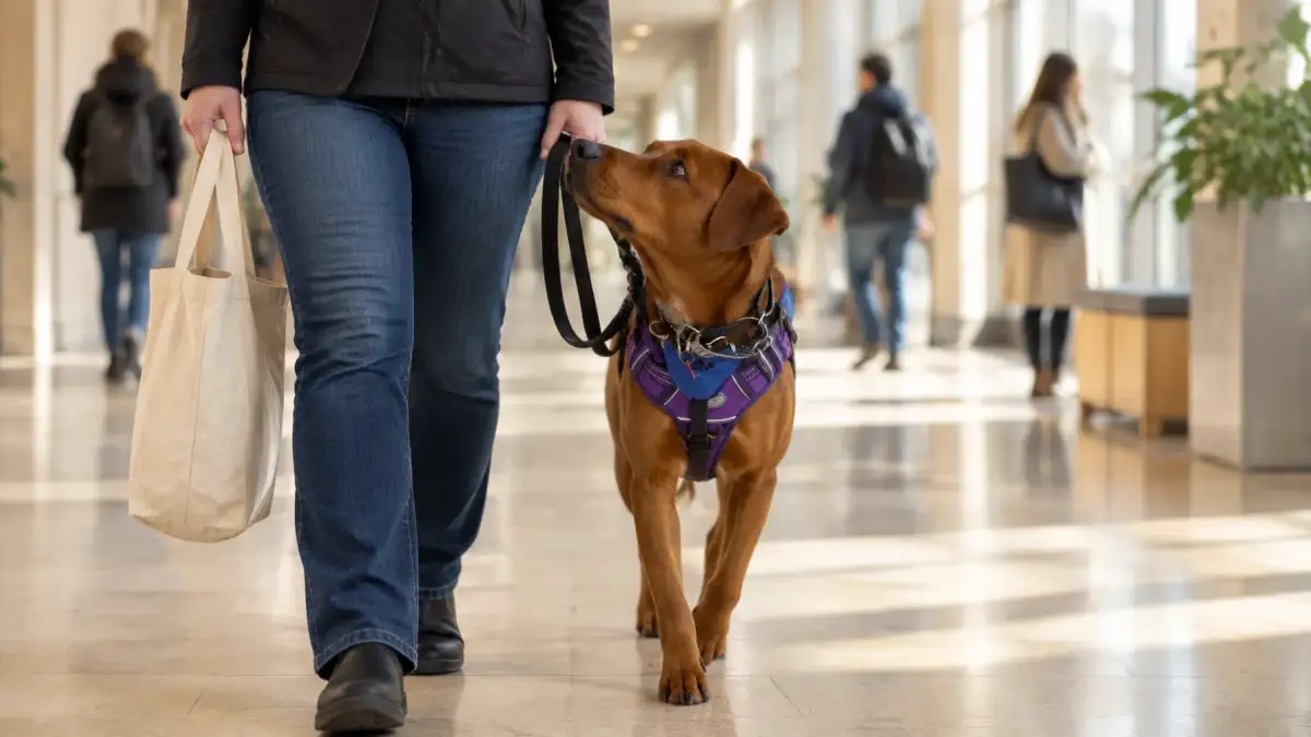 Service dog working with its handler in a public setting