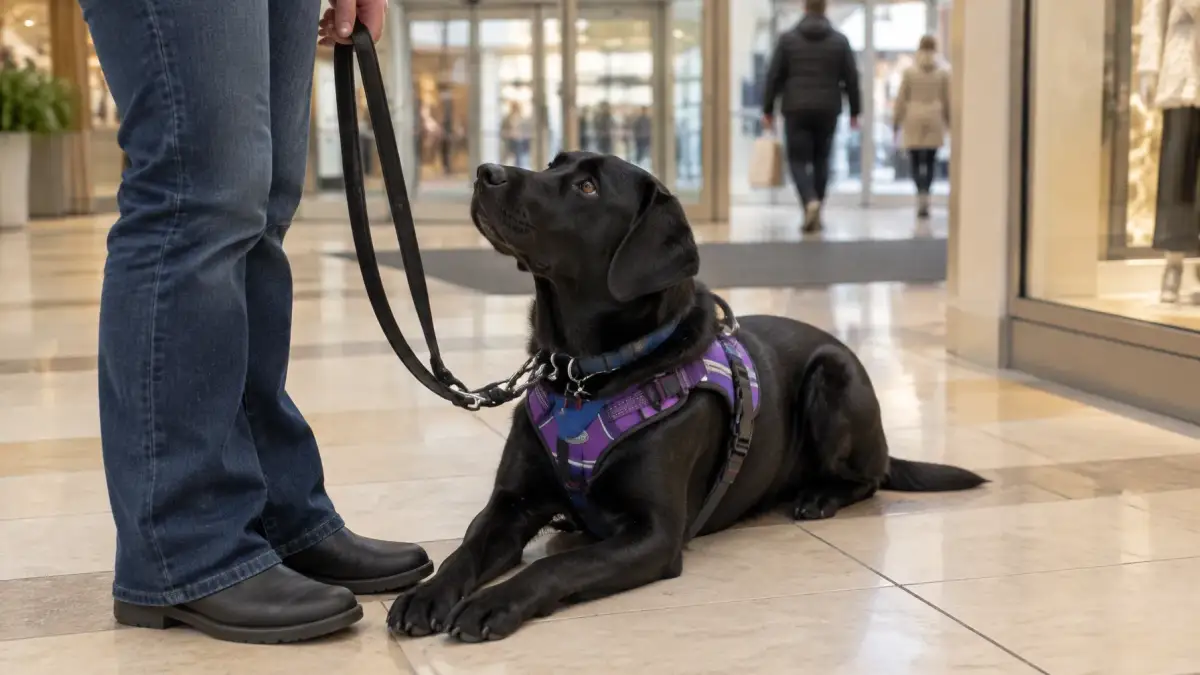 Service dog team navigating a busy public space calmly during training