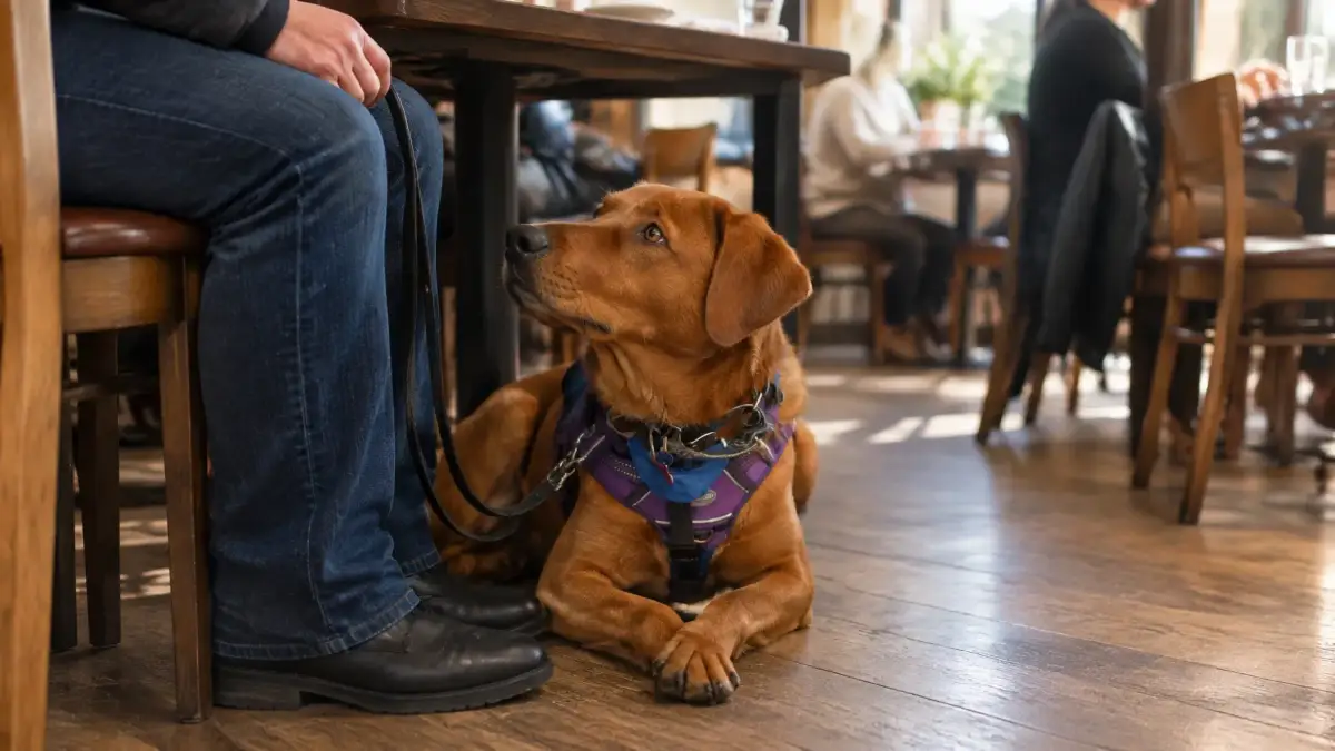 Service dog settling quietly under a restaurant table during public access training