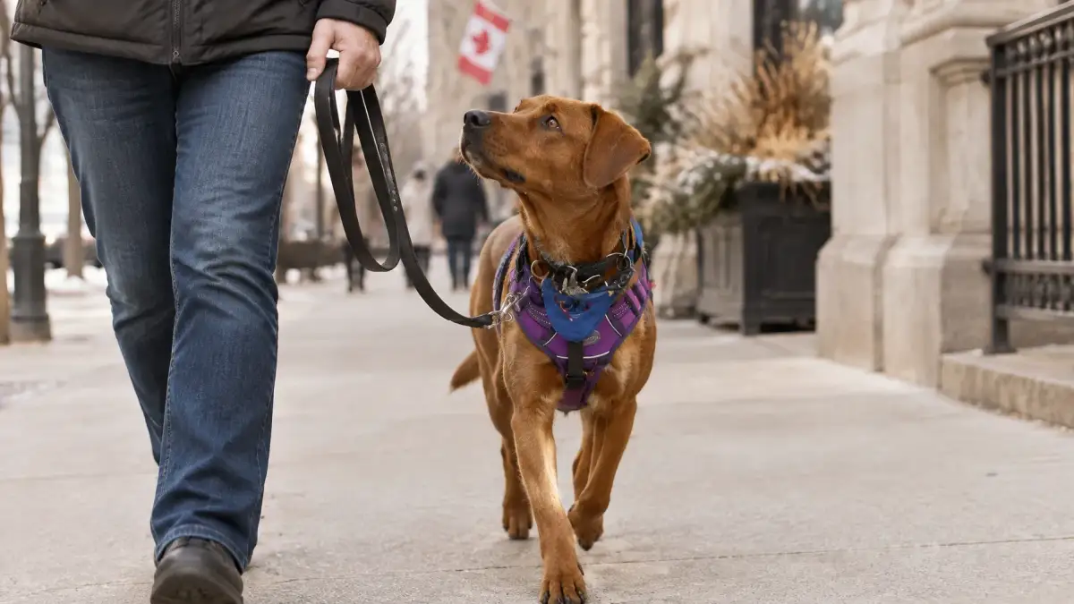 Service dog working attentively beside its handler in a public setting