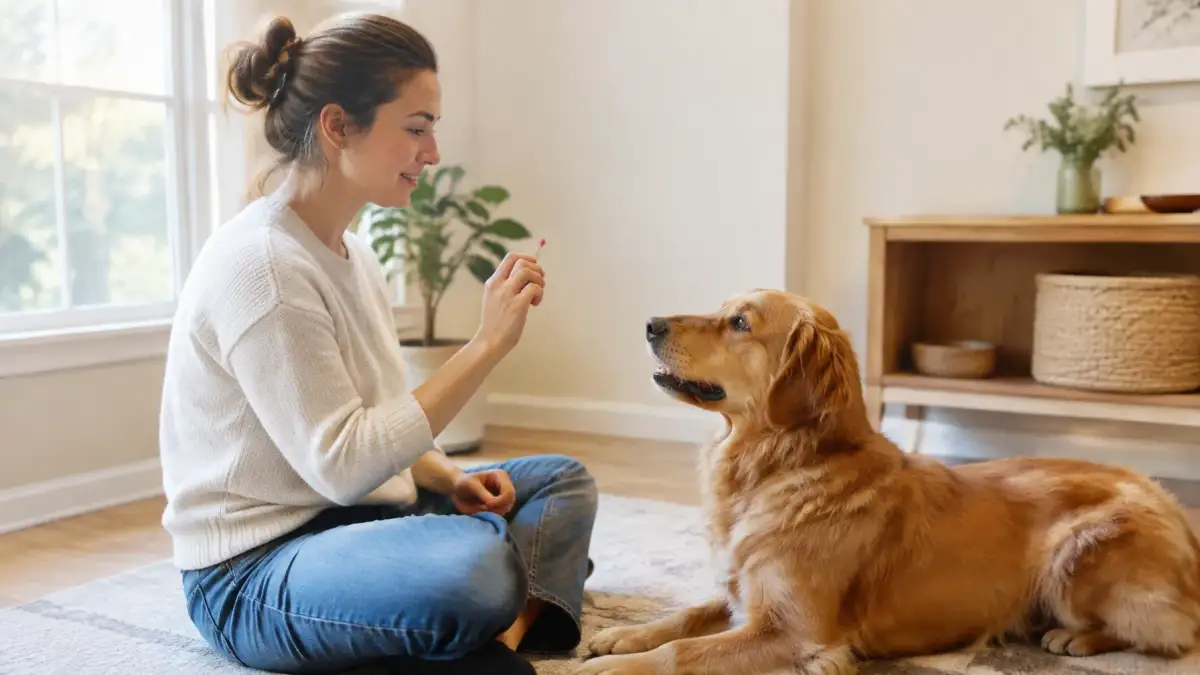 A seated handler practising calmly with a relaxed dog in warm natural light