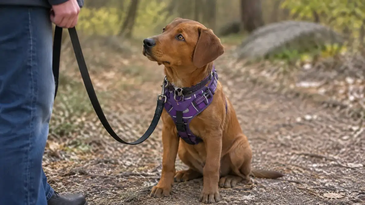 Young puppy practising calm engagement with its handler during an early training session