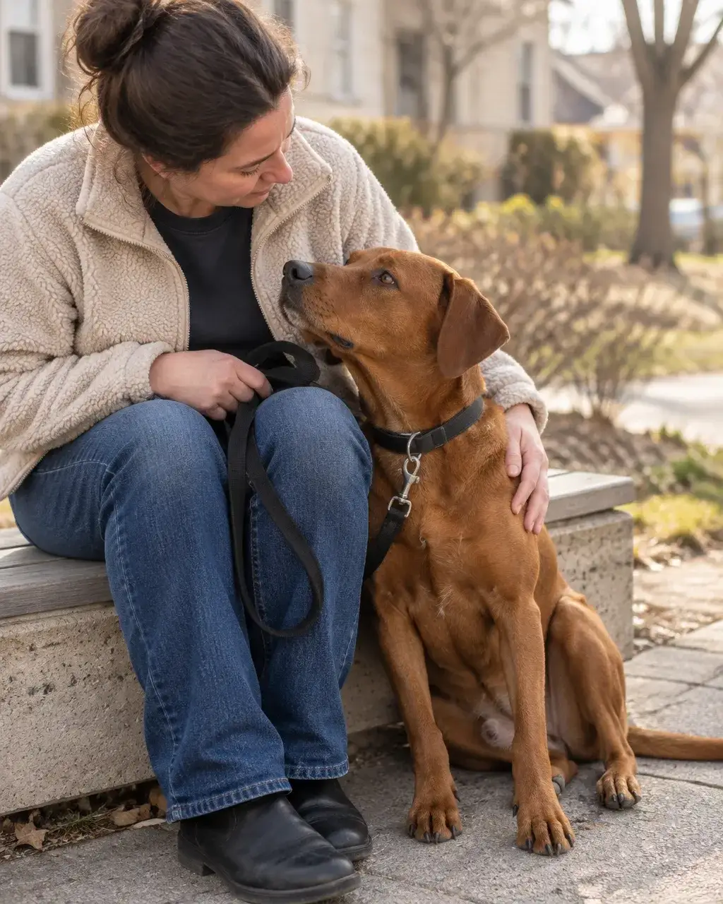 Handler sitting calmly with their dog after a career-change decision