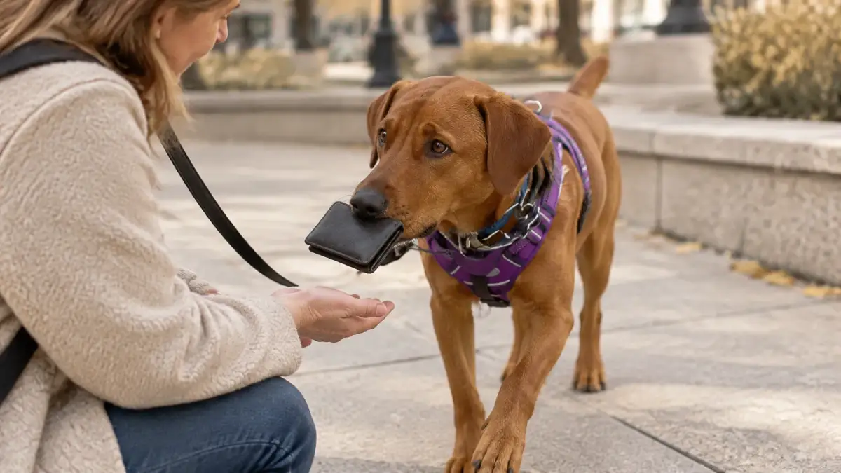Service dog performing a trained retrieval task for its handler