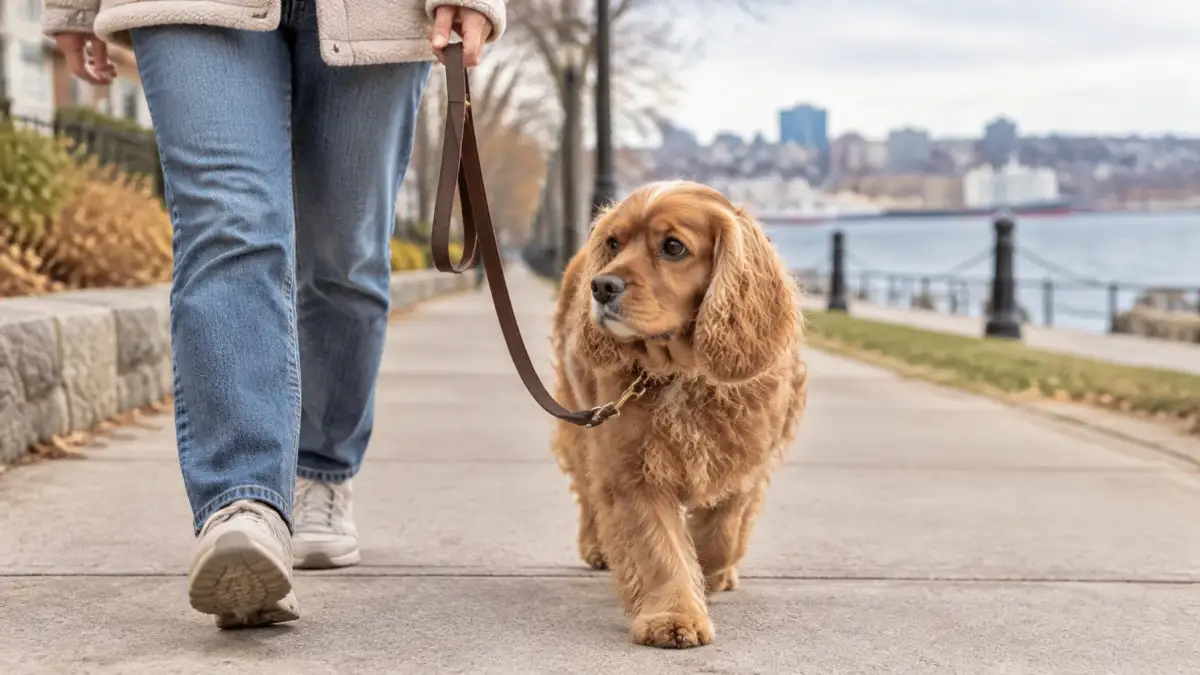 A calm young service-dog candidate walking beside a handler on a quiet Halifax sidewalk