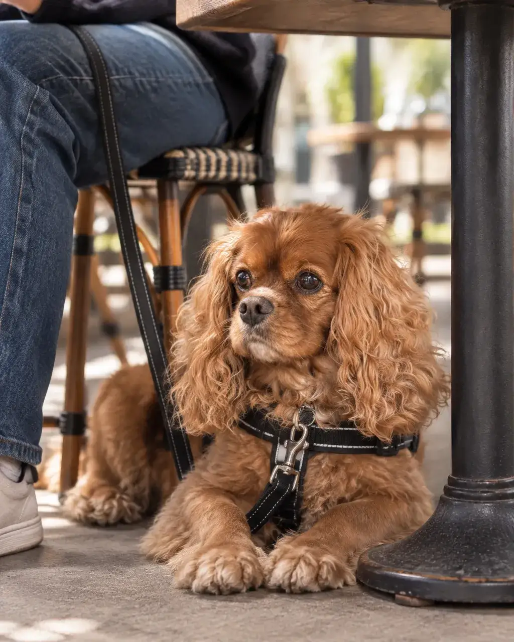 A service-dog candidate calmly settling under a café table during public-access practice